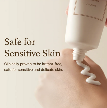 Hand applying a skincare product with text about safety for sensitive skin.