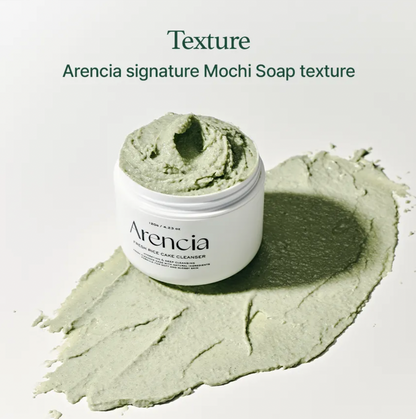 Arencia signature Mochi Soap with a scoop of soap texture on a light gray background