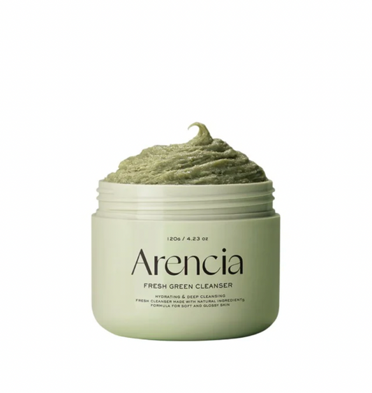 Green facial cleanser jar with 'Arenicia' branding on a white background