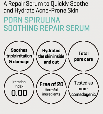 Advertisement for PDRN Spirulina Soothing Repair Serum with text and icons on a white background
