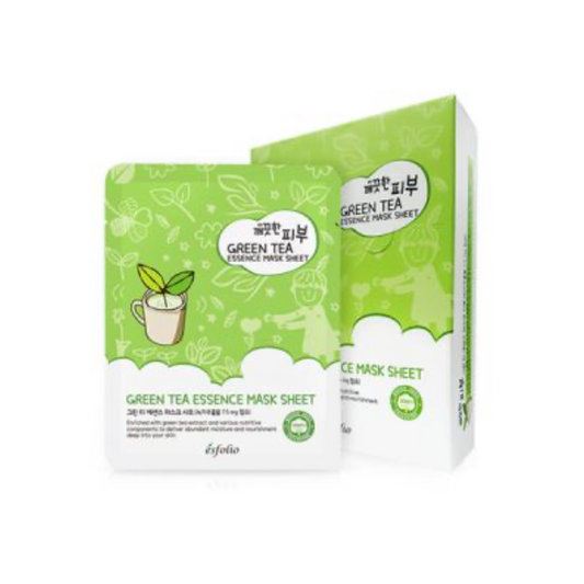 Green tea essence mask sheet packaging on a white background