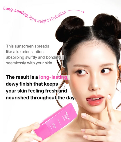 Woman holding a pink sunscreen bottle with text about its long-lasting and lightweight hydration properties.