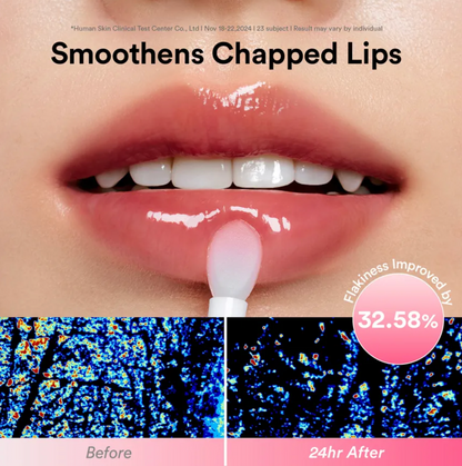 Lip balm with a before and after effect on lips, showing smoothness improvement.