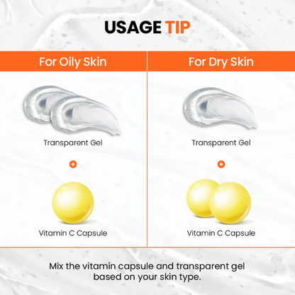 Usage tip for applying transparent gel based on skin type with vitamin C capsules.