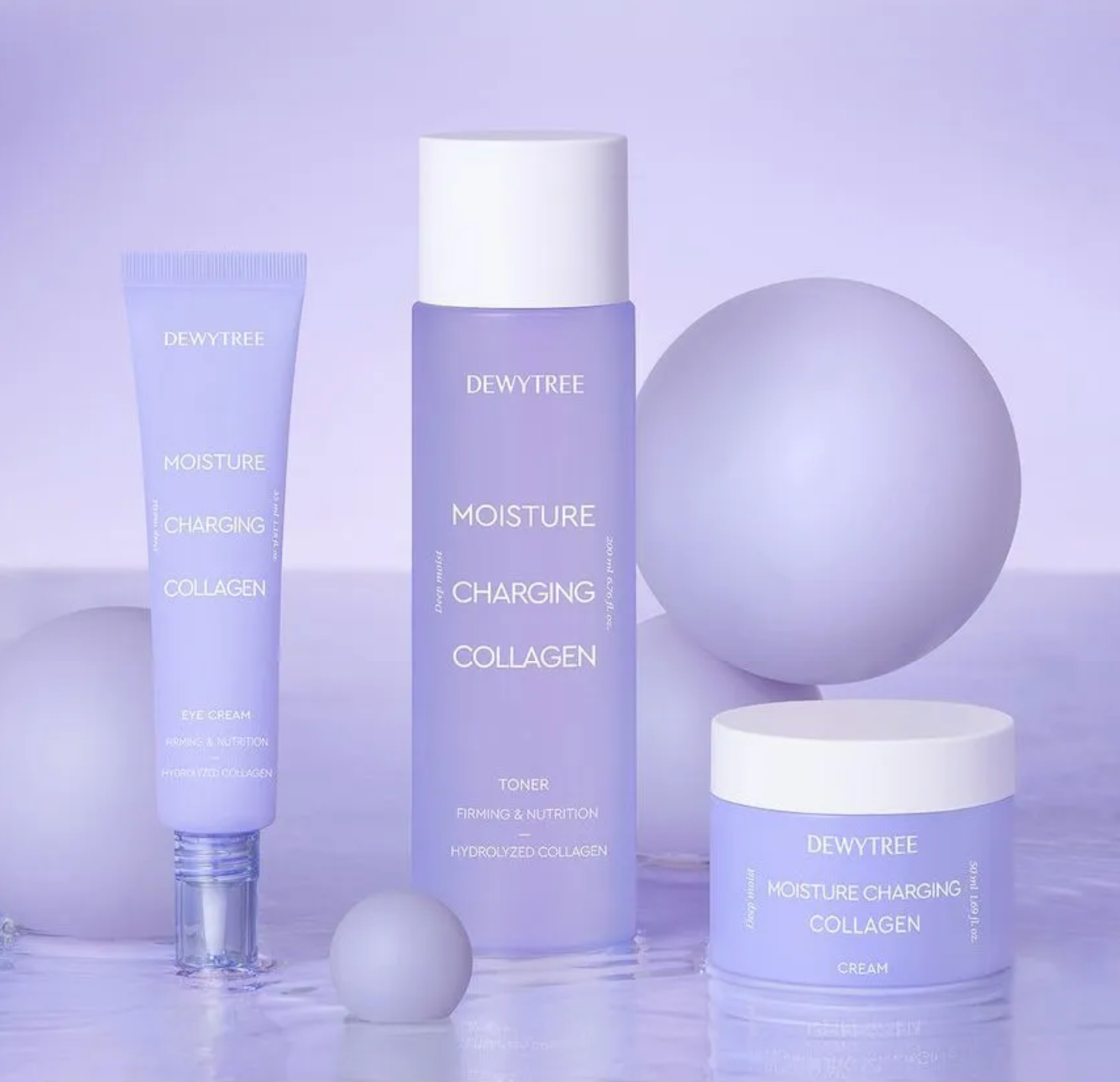 DeWYTREE skincare products with 'Moisture Charging Collagen' on a purple background