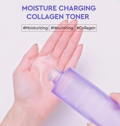 Hand holding a purple bottle of collagen toner with text indicating moisturizing and nourishing properties on a light purple background.