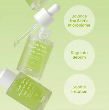 Clear Code Superfruit Serum bottle with dropper on a light green background