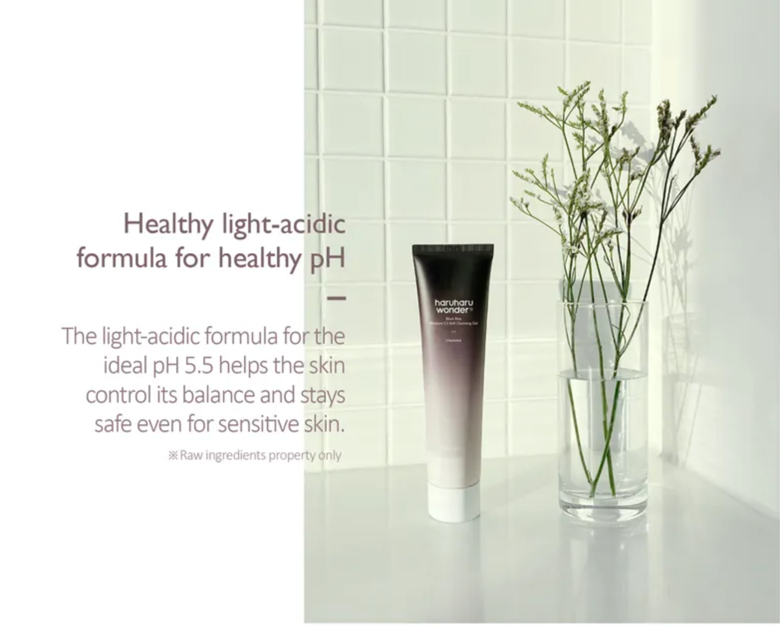 Skincare product with text about a healthy light-acidic formula on a neutral background
