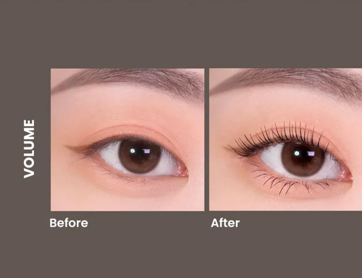 Before and after comparison of eyelash volume with 'Before' on the left and 'After' on the right.