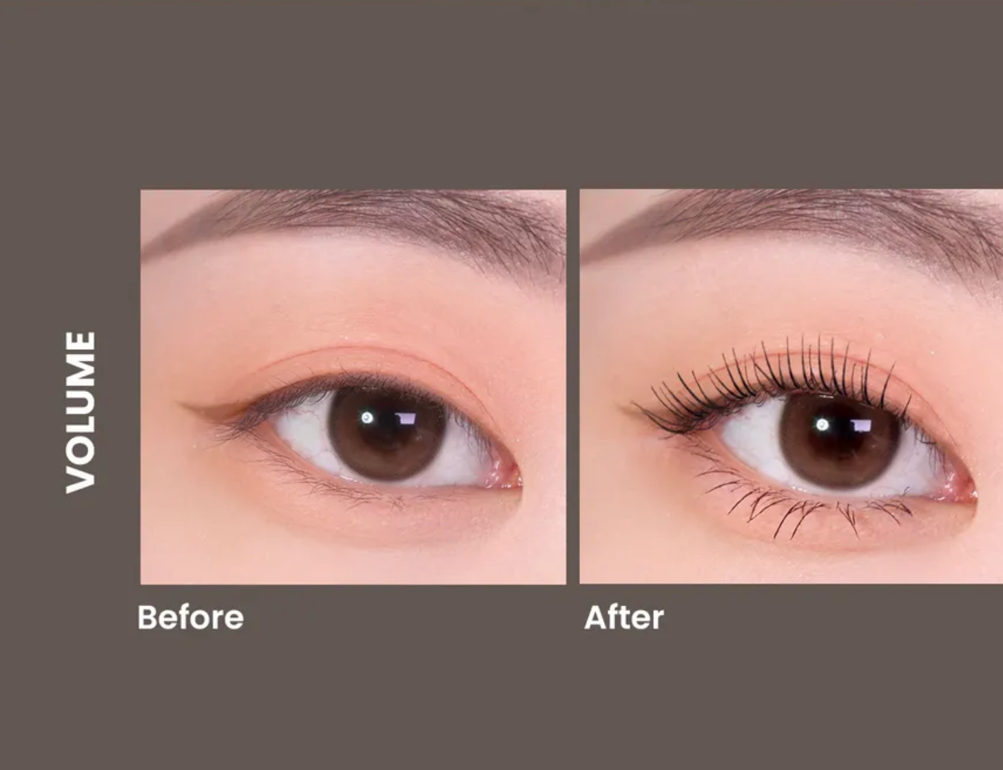 Before and after comparison of eyelash volume with 'Before' on the left and 'After' on the right.