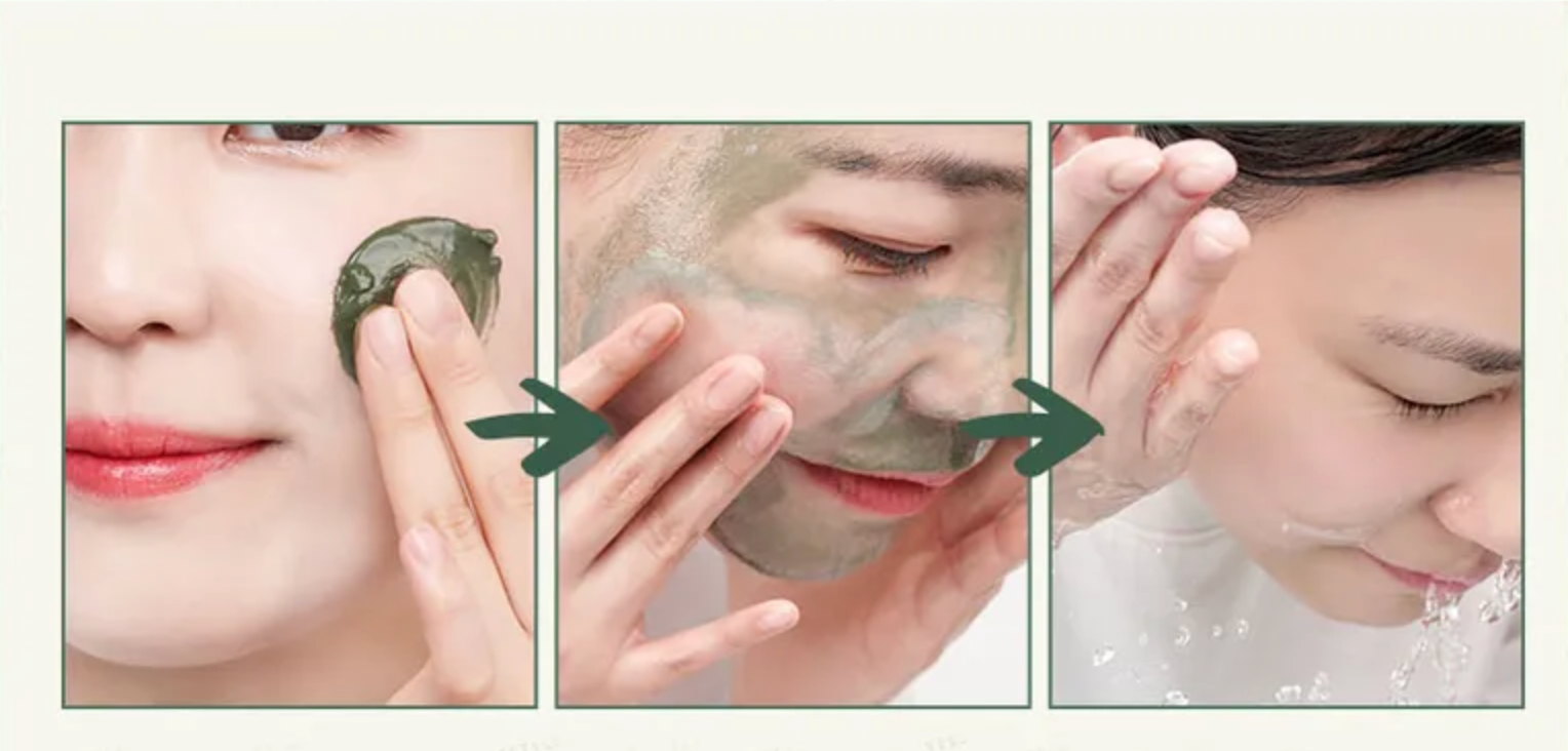 Step-by-step process of applying a facial mask on a person's face.