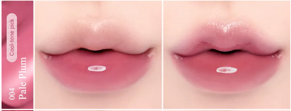 Lipstick swatches on lips with '004 Pale Plum' color name.