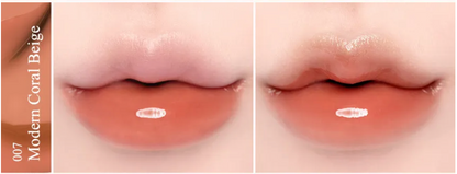 Two close-up images of lips with a lipstick swatch labeled 'Modern Coral Beige' on a beige background.