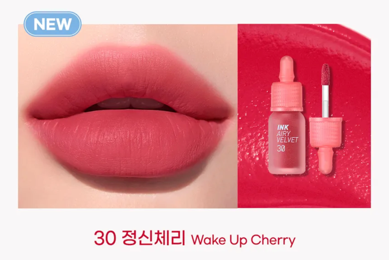 Lipstick with a close-up of lips wearing the color, product packaging on a red background.