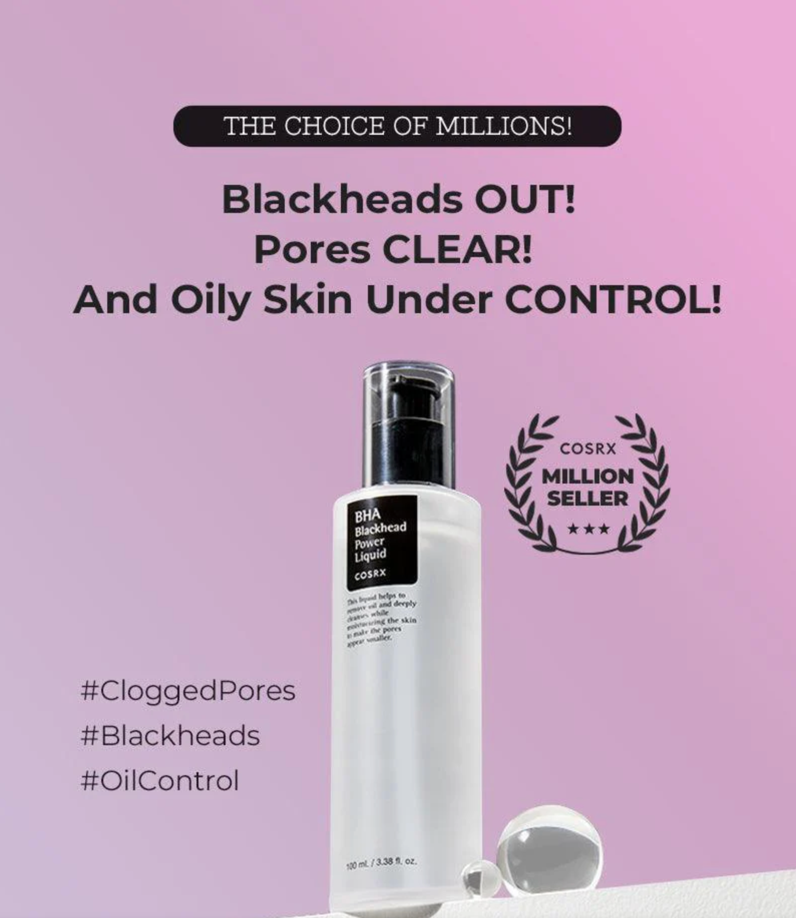Cosrx BHA blackhead power liquid with promotional text on a purple background