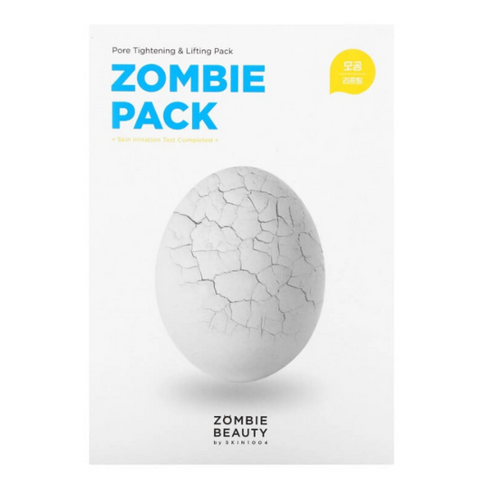 Zombie Pack skincare product packaging with a cracked white egg on a white background