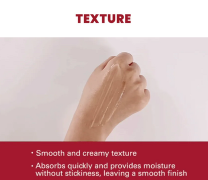 Hand applying a smooth and creamy texture product with text describing its properties.