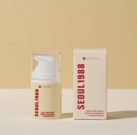 Skincare product and packaging with 'SEOUL 1988' branding on a beige background