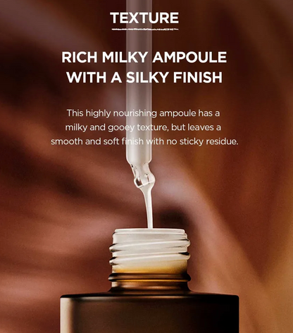 Milky ampoule being dripped into a container with text describing its texture.