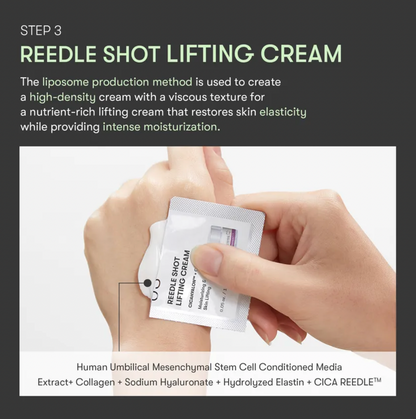 Hand holding a packet of REEDLE SHOT LIFTING CREAM with product details on a white background.