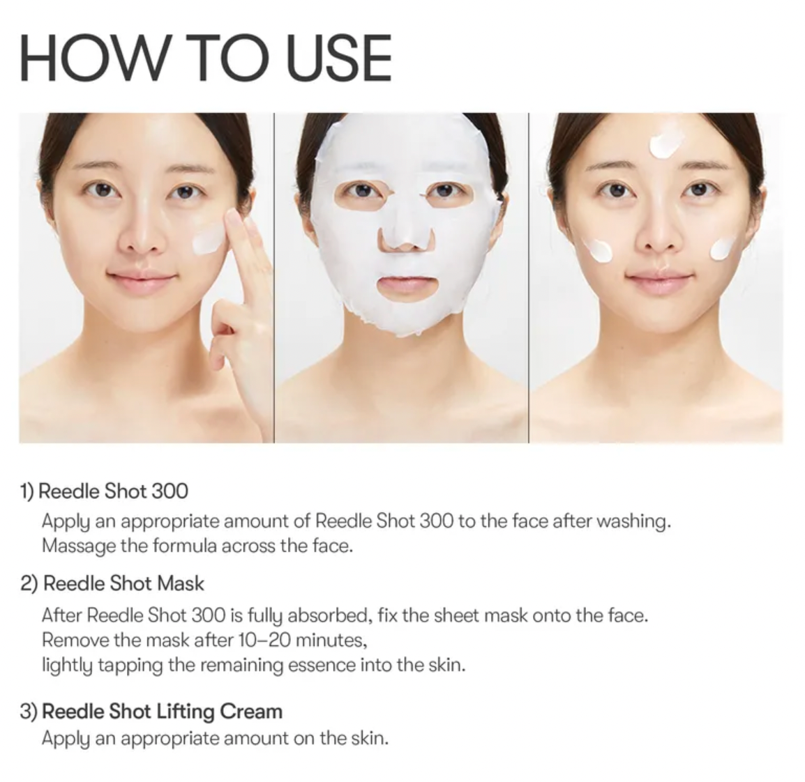 Instructions on how to use Reedle skincare products with images of a woman applying them.