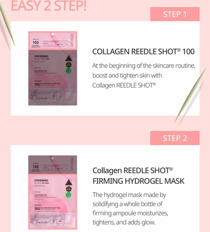 Collagen REEDLE SHOT skincare product packaging on a pink background with text describing the steps.