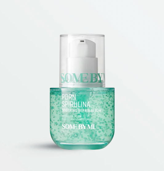 Skincare serum bottle labeled 'SOME BY MI' on a light gray background
