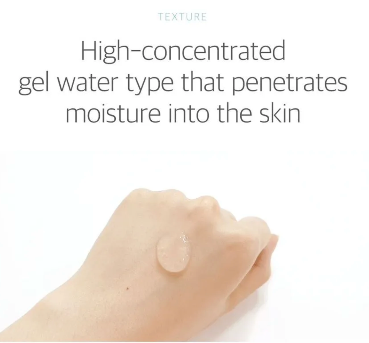 Hand applying a high-concentrated gel water product to skin with text overlay.