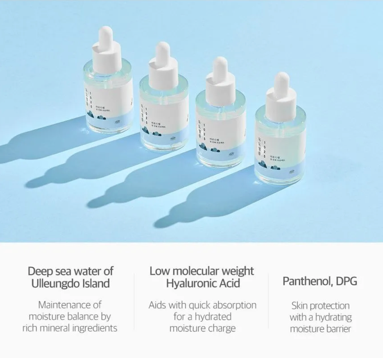 Four skincare dropper bottles with product details on a light blue background