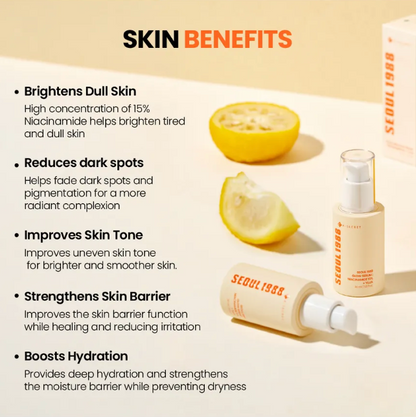 Skincare products with lemon slices on a beige background, highlighting skin benefits.