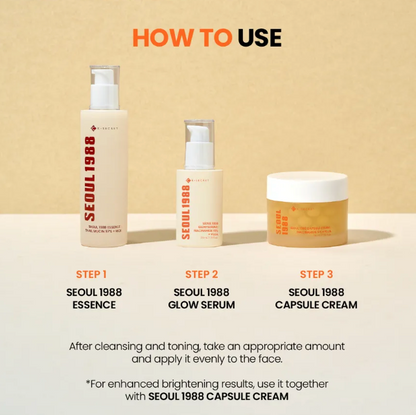 Cosmetic products with step-by-step usage instructions on a beige background