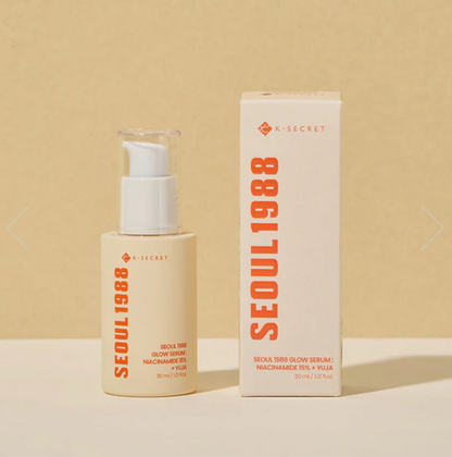 Skincare serum bottle and packaging with 'SEOUL1988' branding on a beige background