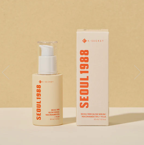 Skincare serum bottle and packaging with 'SEOUL1988' branding on a beige background