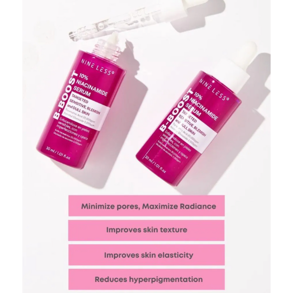 Two bottles of Nine Less B-Boost Niacinamide Serum with a dropper on a white background.