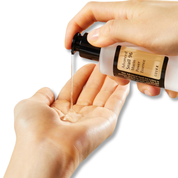 CosRX skincare product being applied to a hand on a white background