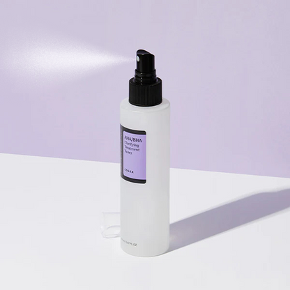 White spray bottle with black nozzle on a light purple background