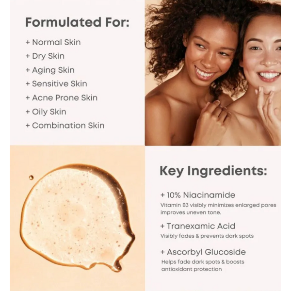 Product advertisement for skincare with two women and key ingredients listed.