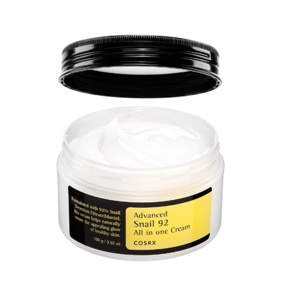 Cosrx Advanced Snail 92 All in one Cream jar with black lid on a white background