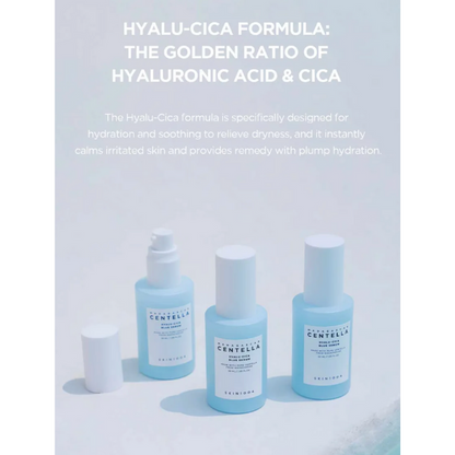 Three bottles of Centella Skin Care products on a light blue background with text about Hyalu-Cica formula.