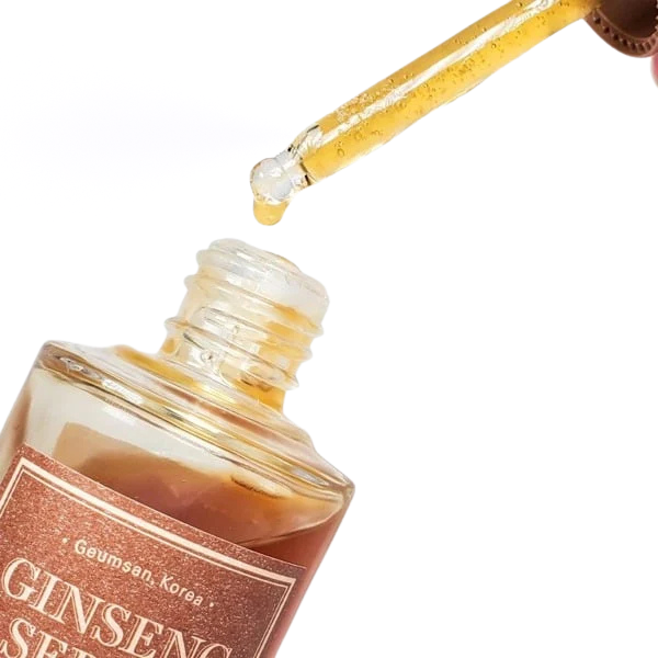 Bottle of 'Ginseng' serum with dropper on a white background