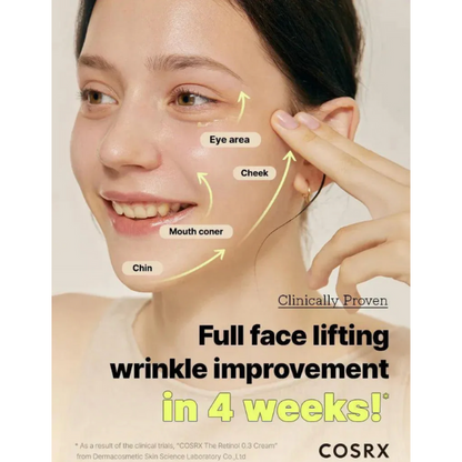 Cosmetic advertisement for face lifting and wrinkle improvement with COSRX branding.
