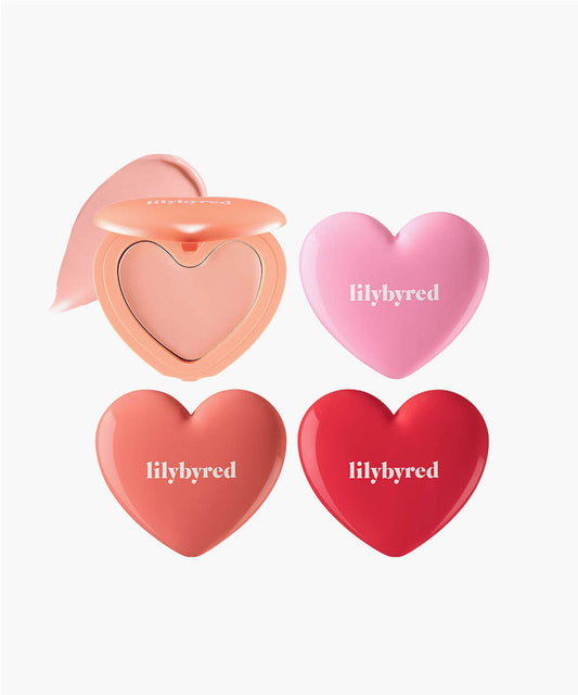 Heart-shaped makeup products with 'lilybyred' branding on a white background